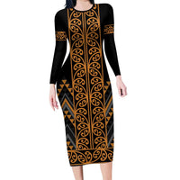 Gold Aotearoa Mangopare Kowhaiwhai and Niho Taniwha Long Sleeve Bodycon Dress Maori New Zealand