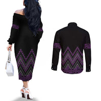 Purple Aotearoa Mangopare Kowhaiwhai and Niho Taniwha Couples Matching Off The Shoulder Long Sleeve Dress and Long Sleeve Button Shirt Maori New Zealand