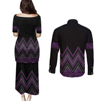 Purple Aotearoa Mangopare Kowhaiwhai and Niho Taniwha Couples Matching Puletasi and Long Sleeve Button Shirt Maori New Zealand
