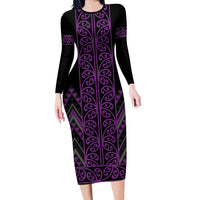 Purple Aotearoa Mangopare Kowhaiwhai and Niho Taniwha Family Matching Long Sleeve Bodycon Dress and Hawaiian Shirt Maori New Zealand