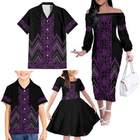 Purple Aotearoa Mangopare Kowhaiwhai and Niho Taniwha Family Matching Off The Shoulder Long Sleeve Dress and Hawaiian Shirt Maori New Zealand