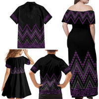 Purple Aotearoa Mangopare Kowhaiwhai and Niho Taniwha Family Matching Off Shoulder Maxi Dress and Hawaiian Shirt Maori New Zealand