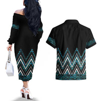 Paua Shell Aotearoa Mangopare Kowhaiwhai and Niho Taniwha Couples Matching Off The Shoulder Long Sleeve Dress and Hawaiian Shirt Maori New Zealand