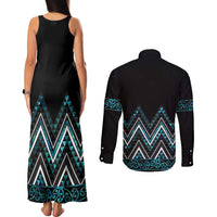 Paua Shell Aotearoa Mangopare Kowhaiwhai and Niho Taniwha Couples Matching Tank Maxi Dress and Long Sleeve Button Shirt Maori New Zealand