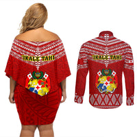 Tonga Rugby Couples Matching Off Shoulder Short Dress and Long Sleeve Button Shirts 2023 World Cup Tongan Kupesi Ngatu Pattern LT14 - Polynesian Pride