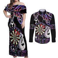 Personalised New Zealand Darts Couples Matching Off Shoulder Maxi Dress and Long Sleeve Button Shirt Ngutukaka Manaia Taniko Luxury Purple - Polynesian Pride