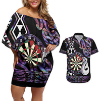 Personalised New Zealand Darts Couples Matching Off Shoulder Short Dress and Hawaiian Shirt Ngutukaka Manaia Taniko Luxury Purple - Polynesian Pride