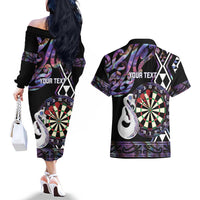 Personalised New Zealand Darts Couples Matching Off The Shoulder Long Sleeve Dress and Hawaiian Shirt Ngutukaka Manaia Taniko Luxury Purple - Polynesian Pride