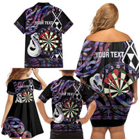 Personalised New Zealand Darts Family Matching Off Shoulder Short Dress and Hawaiian Shirt Ngutukaka Manaia Taniko Luxury Purple - Polynesian Pride