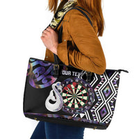Personalised New Zealand Darts Leather Tote Bag Ngutukaka Manaia Taniko Luxury Purple - Polynesian Pride
