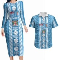 Fiji Day 1970 Couples Matching Long Sleeve Bodycon Dress and Hawaiian Shirt For Fiji Ever Fiji Tapa Pattern Blue LT14 Blue - Polynesian Pride