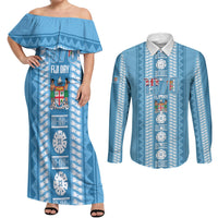 Fiji Day 1970 Couples Matching Off Shoulder Maxi Dress and Long Sleeve Button Shirt For Fiji Ever Fiji Tapa Pattern Blue LT14 Blue - Polynesian Pride