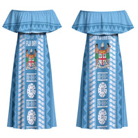 Fiji Day 1970 Couples Matching Off Shoulder Maxi Dress and Long Sleeve Button Shirt For Fiji Ever Fiji Tapa Pattern Blue LT14 - Polynesian Pride