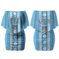 Fiji Day 1970 Couples Matching Off Shoulder Short Dress and Long Sleeve Button Shirt For Fiji Ever Fiji Tapa Pattern Blue LT14 - Polynesian Pride
