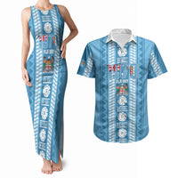 Fiji Day 1970 Couples Matching Tank Maxi Dress and Hawaiian Shirt For Fiji Ever Fiji Tapa Pattern Blue LT14 Blue - Polynesian Pride