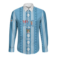 Fiji Day 1970 Long Sleeve Button Shirt For Fiji Ever Fiji Tapa Pattern Blue LT14 Unisex Blue - Polynesian Pride