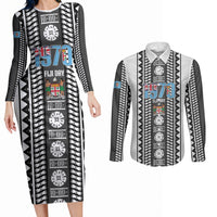 Fiji Day 1970 Couples Matching Long Sleeve Bodycon Dress and Long Sleeve Button Shirt For Fiji Ever Fiji Tapa Pattern White LT14 White - Polynesian Pride