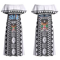 Fiji Day 1970 Couples Matching Off Shoulder Maxi Dress and Hawaiian Shirt For Fiji Ever Fiji Tapa Pattern White LT14 - Polynesian Pride