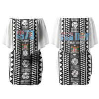 Fiji Day 1970 Couples Matching Off Shoulder Short Dress and Long Sleeve Button Shirt For Fiji Ever Fiji Tapa Pattern White LT14 - Polynesian Pride