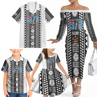Fiji Day 1970 Family Matching Off The Shoulder Long Sleeve Dress and Hawaiian Shirt For Fiji Ever Fiji Tapa Pattern White LT14 - Polynesian Pride