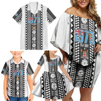 Fiji Day 1970 Family Matching Off Shoulder Short Dress and Hawaiian Shirt For Fiji Ever Fiji Tapa Pattern White LT14 - Polynesian Pride