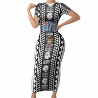 Fiji Day 1970 Short Sleeve Bodycon Dress For Fiji Ever Fiji Tapa Pattern White LT14 Long Dress White - Polynesian Pride