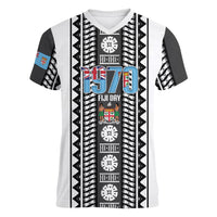 Fiji Day 1970 Women V-Neck T-Shirt For Fiji Ever Fiji Tapa Pattern White LT14 Female White - Polynesian Pride