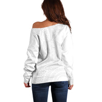 Tonga White Sunday Off Shoulder Sweater Fakame Tongan Ngatu Turtle LT14 - Polynesian Pride
