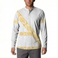 Tonga White Sunday Button Sweatshirt Fakame Tongan Ngatu Pattern Gold Strips LT14 - Polynesian Pride
