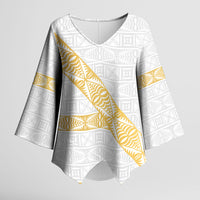 Tonga White Sunday Kimono Sleeve Blouse Fakame Tongan Ngatu Pattern Gold Strips LT14 Female White - Polynesian Pride