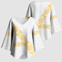 Tonga White Sunday Kimono Sleeve Blouse Fakame Tongan Ngatu Pattern Gold Strips LT14 - Polynesian Pride
