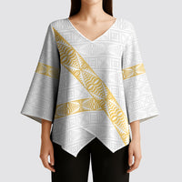 Tonga White Sunday Kimono Sleeve Blouse Fakame Tongan Ngatu Pattern Gold Strips LT14 - Polynesian Pride
