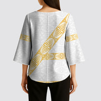 Tonga White Sunday Kimono Sleeve Blouse Fakame Tongan Ngatu Pattern Gold Strips LT14 - Polynesian Pride