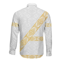 Tonga White Sunday Long Sleeve Button Shirt Fakame Tongan Ngatu Pattern Gold Strips LT14 - Polynesian Pride