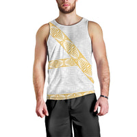 Tonga White Sunday Men Tank Top Fakame Tongan Ngatu Pattern Gold Strips LT14 - Polynesian Pride