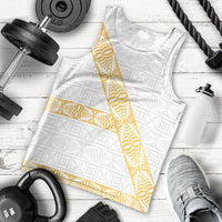 Tonga White Sunday Men Tank Top Fakame Tongan Ngatu Pattern Gold Strips LT14 - Polynesian Pride