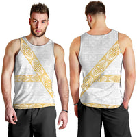 Tonga White Sunday Men Tank Top Fakame Tongan Ngatu Pattern Gold Strips LT14 - Polynesian Pride