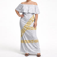 Tonga White Sunday Off Shoulder Maxi Dress Fakame Tongan Ngatu Pattern Gold Strips LT14 Women White - Polynesian Pride