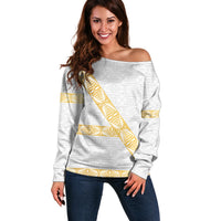 Tonga White Sunday Off Shoulder Sweater Fakame Tongan Ngatu Pattern Gold Strips LT14 Women White - Polynesian Pride
