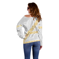 Tonga White Sunday Off Shoulder Sweater Fakame Tongan Ngatu Pattern Gold Strips LT14 - Polynesian Pride
