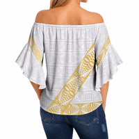 Tonga White Sunday Off Shoulder Wrap Waist Top Fakame Tongan Ngatu Pattern Gold Strips LT14 - Polynesian Pride