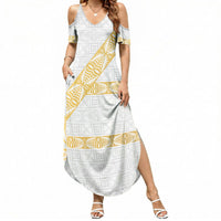 Tonga White Sunday Summer Maxi Dress Fakame Tongan Ngatu Pattern Gold Strips LT14 Women White - Polynesian Pride