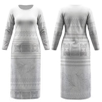 Samoa White Sunday Family Matching Long Sleeve Bodycon Dress and Hawaiian Shirt Lotu Tamaiti Samoan Siapo Teuila Flowers LT14 Mom's Dress White - Polynesian Pride