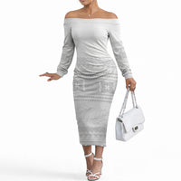 Samoa White Sunday Off The Shoulder Long Sleeve Dress Lotu Tamaiti Samoan Siapo Teuila Flowers LT14 Women White - Polynesian Pride