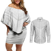 Niue White Sunday Couples Matching Off Shoulder Short Dress and Long Sleeve Button Shirt Aho Tapu Fanau Hiapo Pattern LT14 White - Polynesian Pride