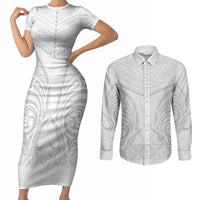 Niue White Sunday Couples Matching Short Sleeve Bodycon Dress and Long Sleeve Button Shirt Aho Tapu Fanau Hiapo Pattern LT14 White - Polynesian Pride