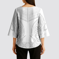 Niue White Sunday Kimono Sleeve Blouse Aho Tapu Fanau Hiapo Pattern LT14 - Polynesian Pride