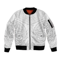Niue White Sunday Sleeve Zip Bomber Jacket Aho Tapu Fanau Hiapo Pattern LT14 Unisex White - Polynesian Pride