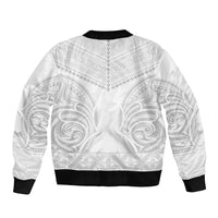 Niue White Sunday Sleeve Zip Bomber Jacket Aho Tapu Fanau Hiapo Pattern LT14 - Polynesian Pride