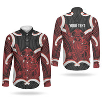 Whero Aotearoa Atua Tumatauenga Personalised Couples Matching Off The Shoulder Long Sleeve Dress and Long Sleeve Button Shirt Maori God Of War Tiki With Taiaha LT14 - Polynesian Pride